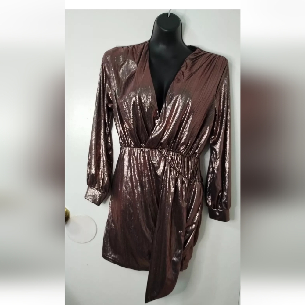 Shiny‎ Metallic Bronze Rose Gold Long Sleeve V-Neck Dress Size L